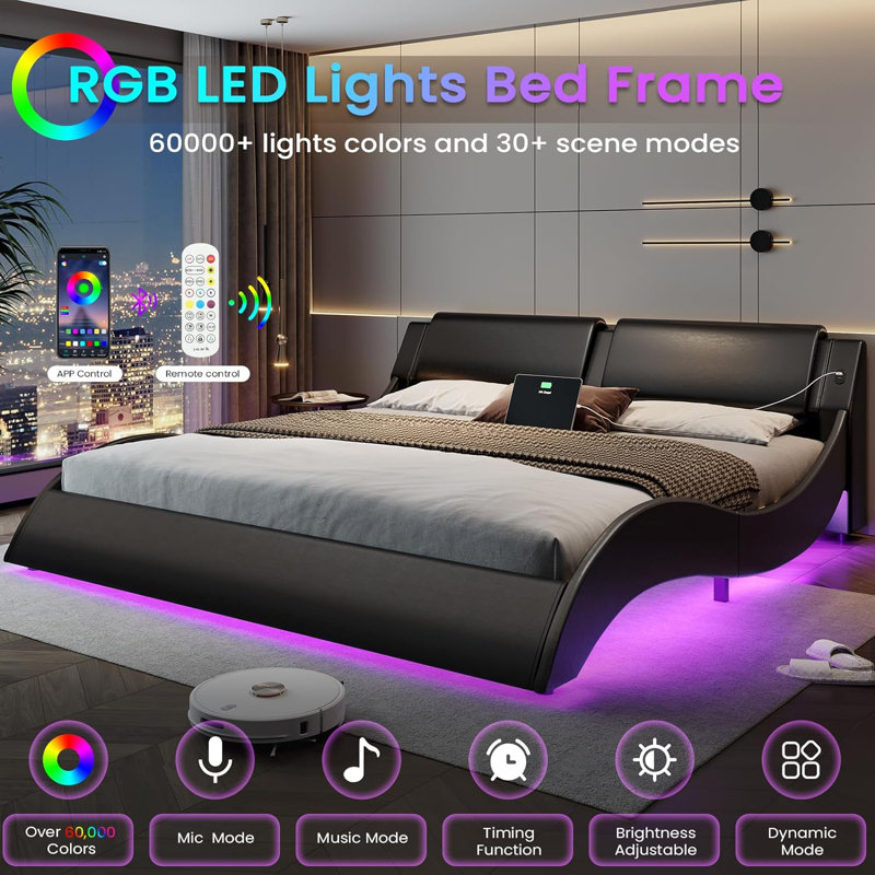 Led Bed Frame With Charging Ports And Headboard Modern Low Profile Platform Bed Frame With Led Lights Wave Like Curve Led Bed Frame,wood Slats Support,easy Assembly,black