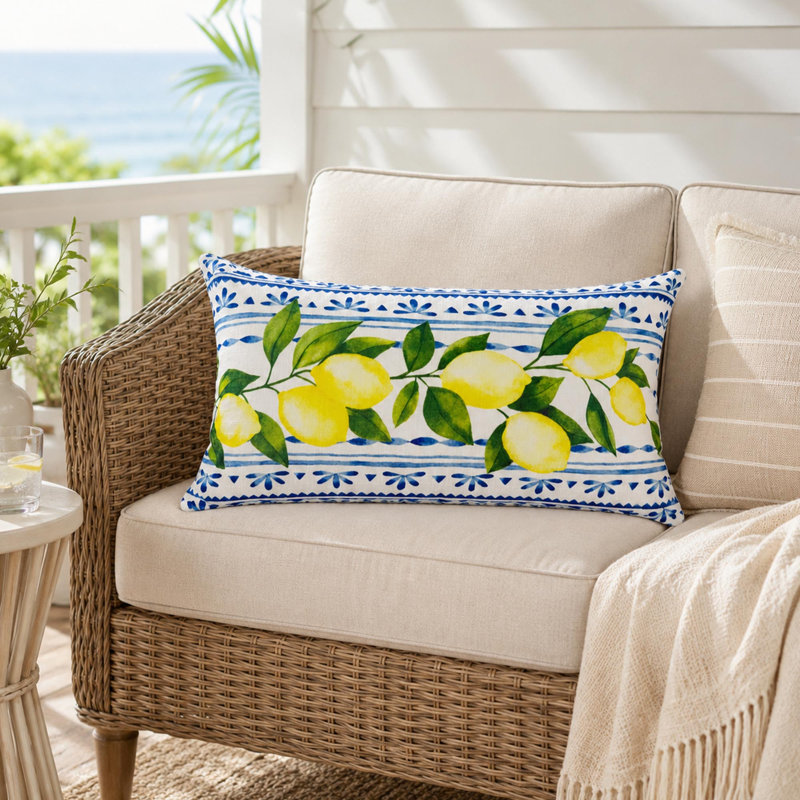 Coussin lombaire d'extérieur avec imprimé citron et tissu résistant aux intempéries