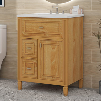 24" Bathroom Vanity With Sink, Bathroom Vanity Cabinet With One Flip Drawer And Two Drawers, Adjustable Shelf