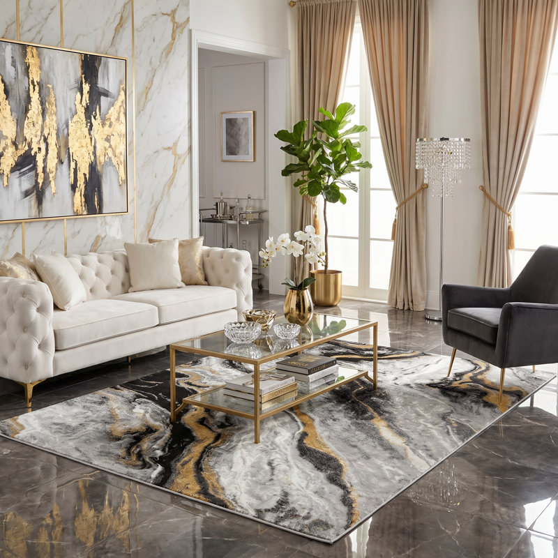 Nason Collection Abstract Grey/Gold Area Rug,, Rectangle 5'2" x 7'5"