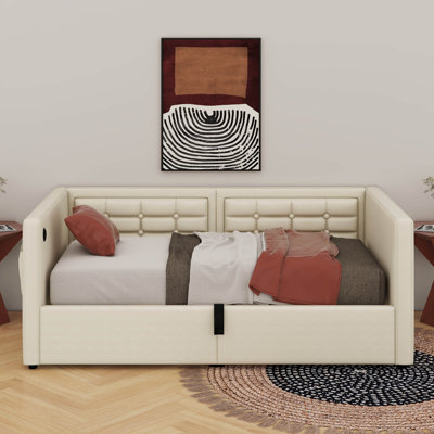 Upholstered Twin Size Daybed, Hydraulic Storage Twin Bed With USB & Type-C Charging, Bed Frame With Tufted Sofa Back
