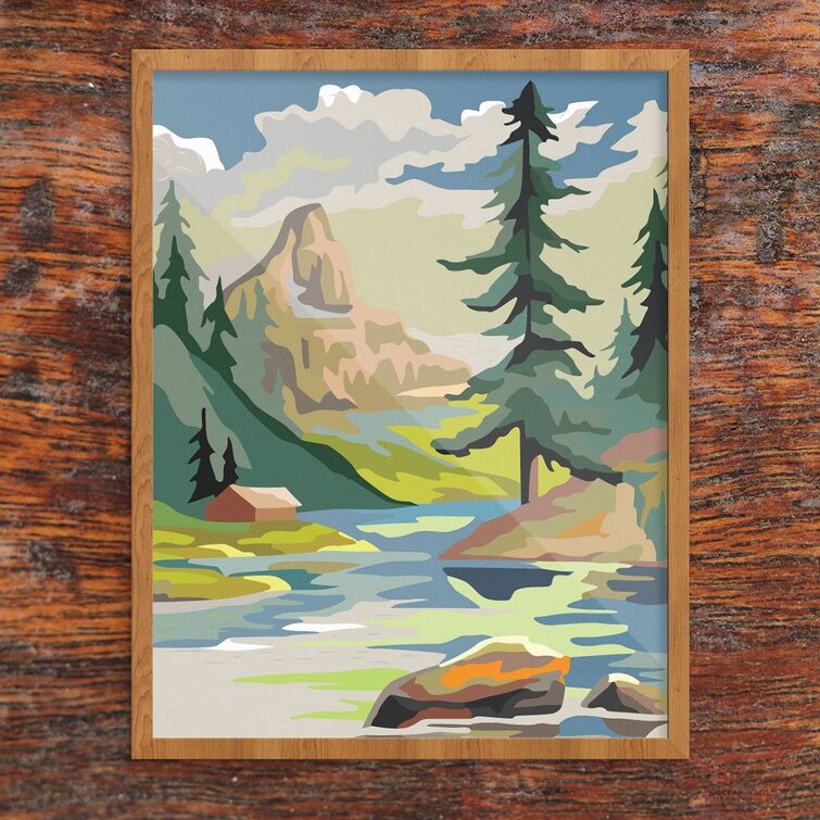 Paint By Number Style Mountain Cabin & Lake (Not A PBN Kit) On Paper Print