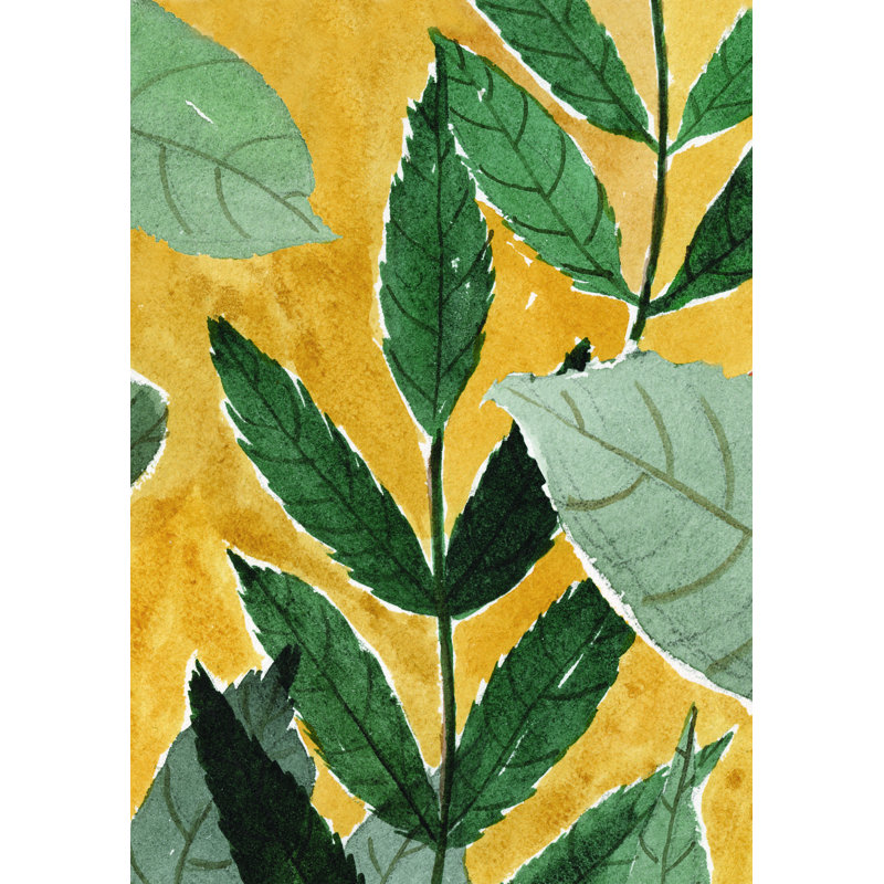 Feuilles vertes sur fond jaune - impression, H 18 po x l 12 po