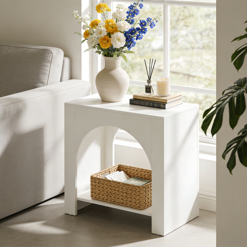 Table d'appoint à 2 niveaux en bois avec design arqué innovant, Blanc