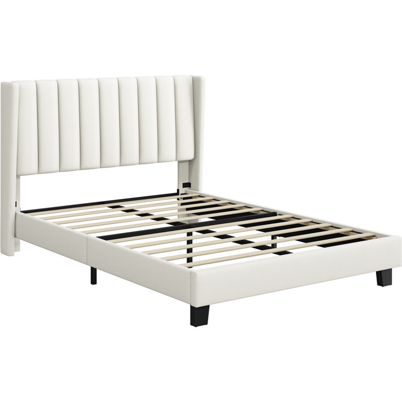 Upholstered Bed Frame with Channel Tufted Headboard, Double (4'6), Beige