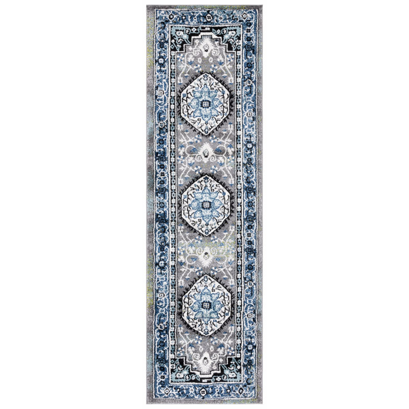 Tapis bleu / gris Evanoff, Tapis de couloir 2 pi 3 po x 8 pi