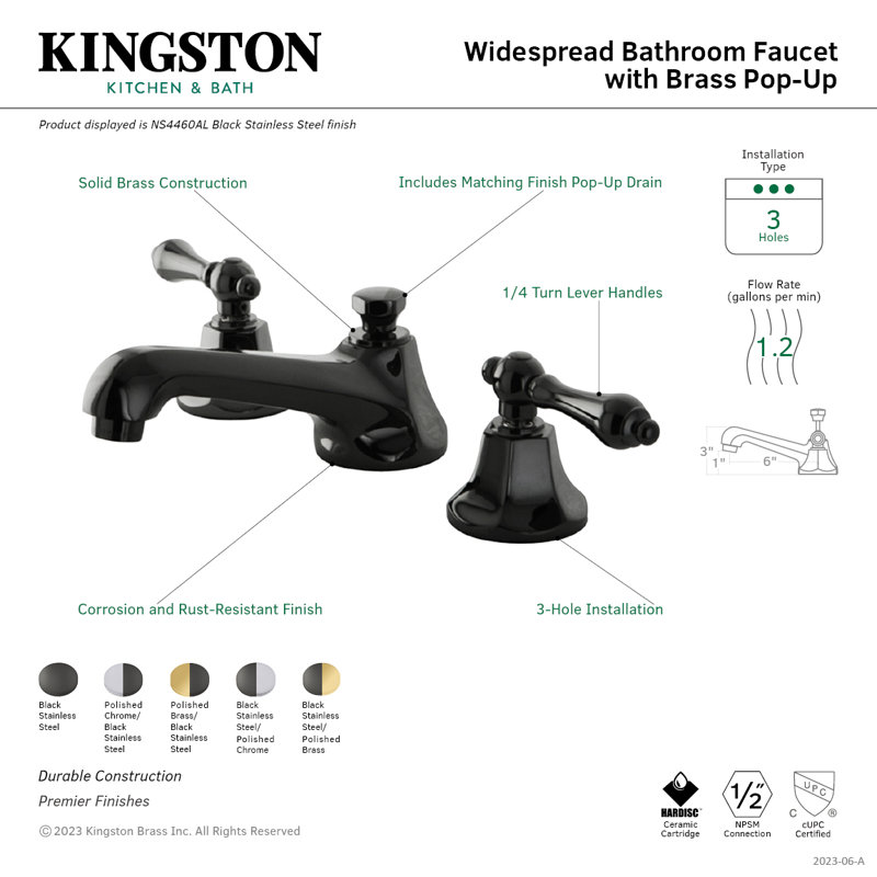 Kingston Brass Water Onyx Two-Handle 3-Hole Deck Mount Widespread Bathroom Faucet with Brass Pop-Up Drain