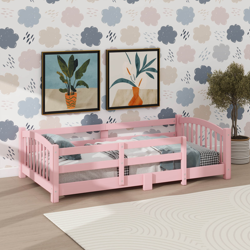 Twin-Sized Montessori-Style Floor Bed With Safety Railings, Wooden Bed With Slats And Enclosure, No Door Provided, Twin, Pink