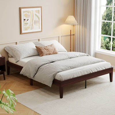 Structure de lit plateforme en bois robuste de 14 pouces, grand lit - Support à lattes robuste - Conception silencieuse - Assemblage facile - Rangement sous le lit - Mobilier de chambre à coucher robuste - Aucun sommier requis - Noyer rouge