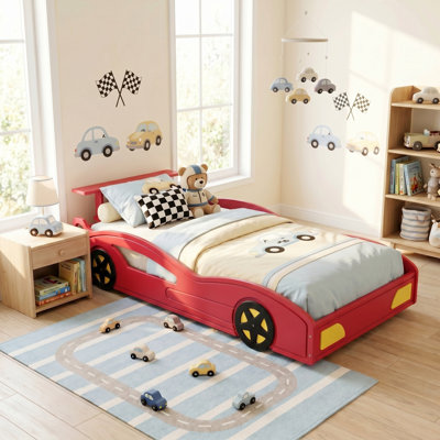 Lit de voiture de course simple AVELOR avec rails de sécurité, tête de lit avec rangement