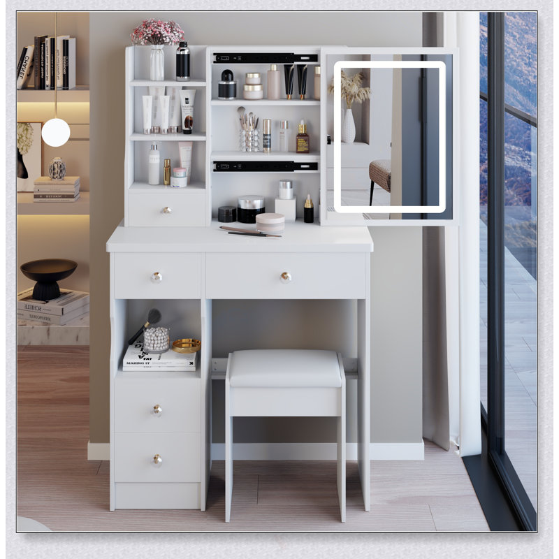Table de coiffeuse compacte 29,2 pouces avec miroir à DEL, rangement de grande capacité et tabouret rembourré pour les petits espaces