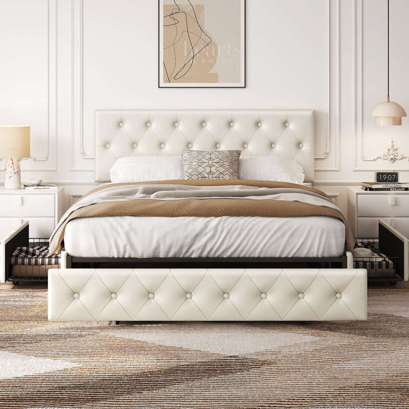 Structure de lit tapissier avec rangement et tête de lit Sorel Vegan, Grand, Beige