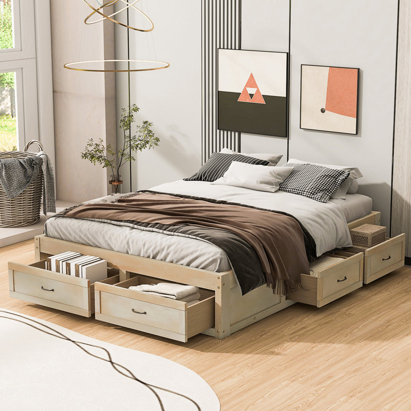 Lit plateforme avec 6 tiroirs de rangement, Naturel antique