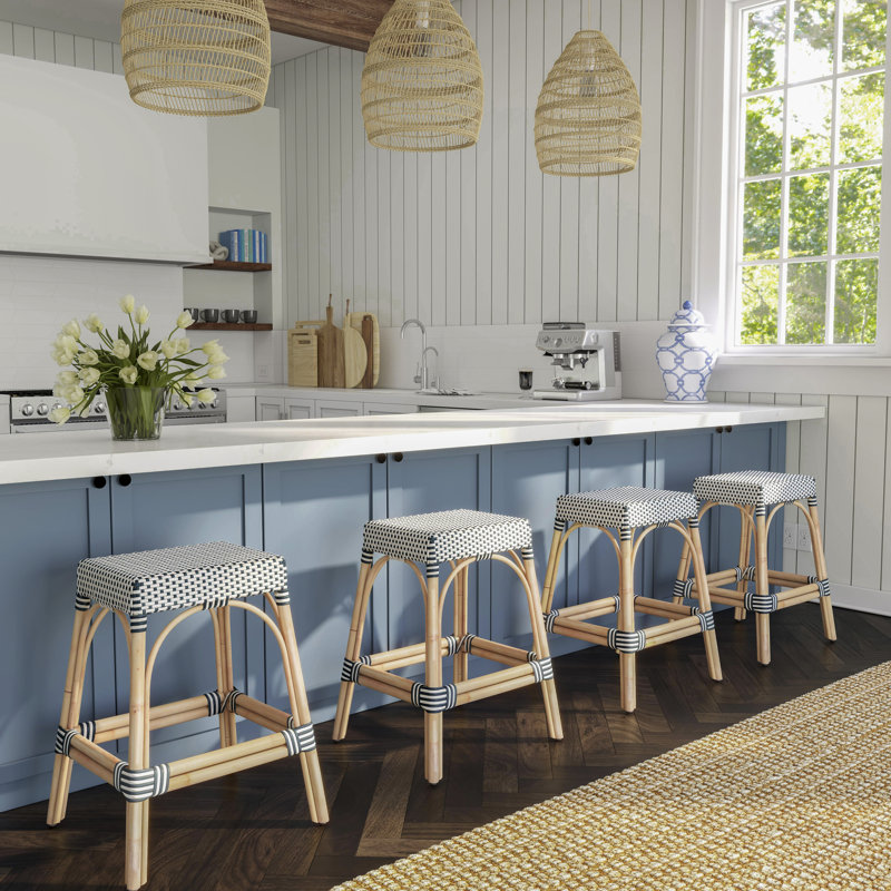 Lennart Counter/Bar Stool, White/Navy Dot/ Natural Rattan Frame, Bar Stool (30" Seat Height)