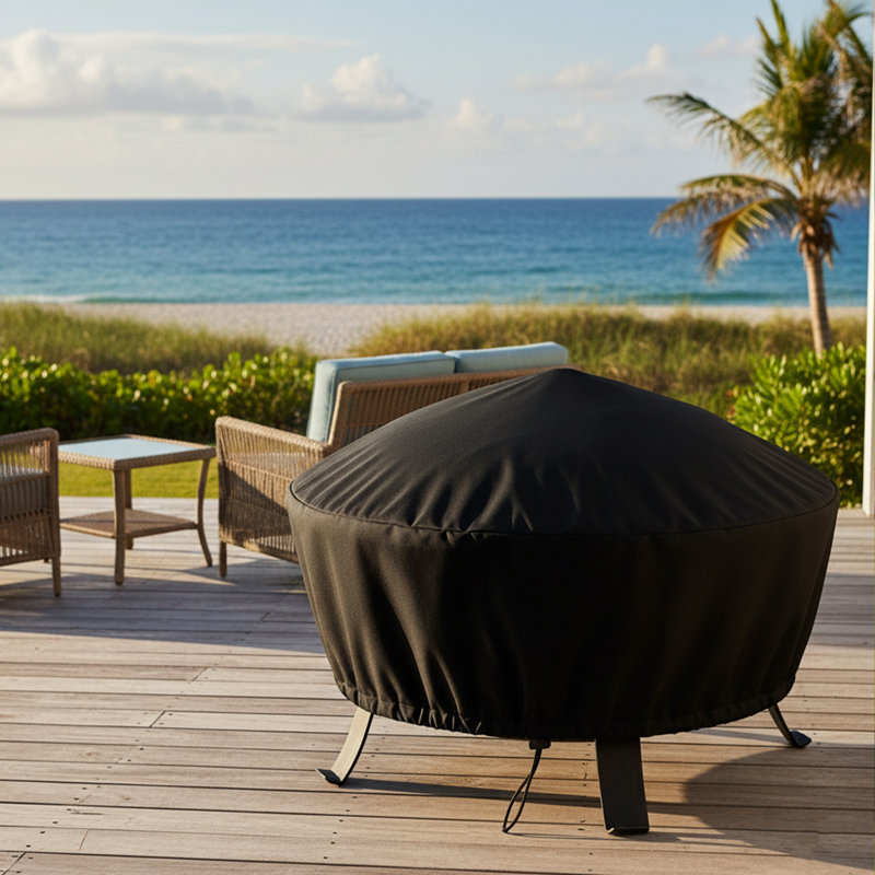 Claire Black Solid Fire Pit Cover with Drawstring Closure - 30", Round 30", Black