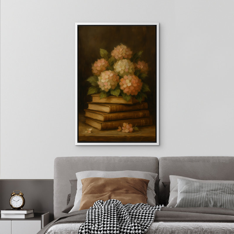 Livres rétro avec fleurs d'hortensias, bibliothèque, impression sur toile encadrée, H 24 po x l 16 po, Blanc