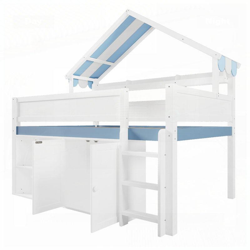 Loft Bed With Canopy Roof And Storage Cabinet, White/Blue