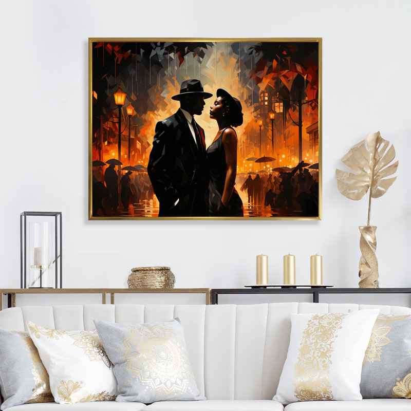 Noir et orange Harlem Renaissance Jazz Couple - art mural Harlem Renaissance, Cadre flottant doré, H 16 po x l 32 po x P 1 po