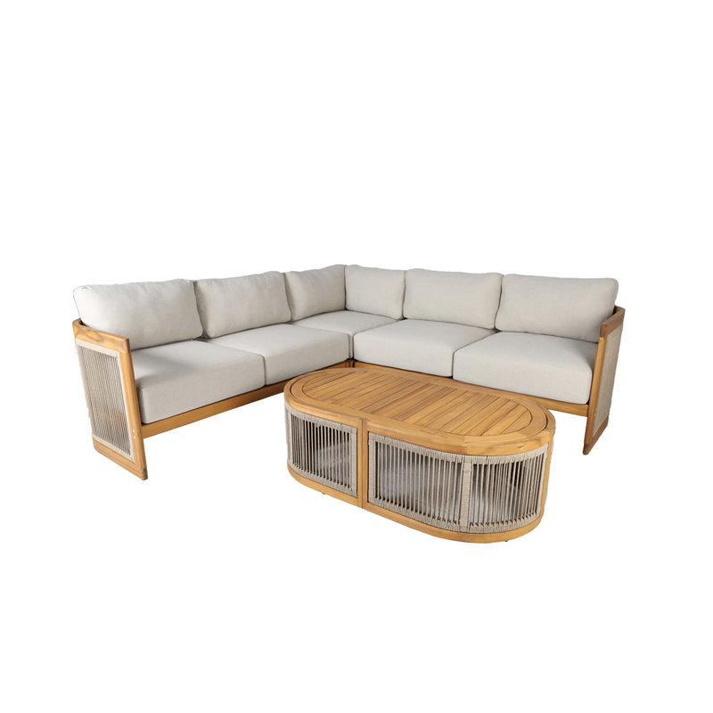 L-Shape 4-Seat Solid Acacia Modular Sofa Set With Oval Coffee Table