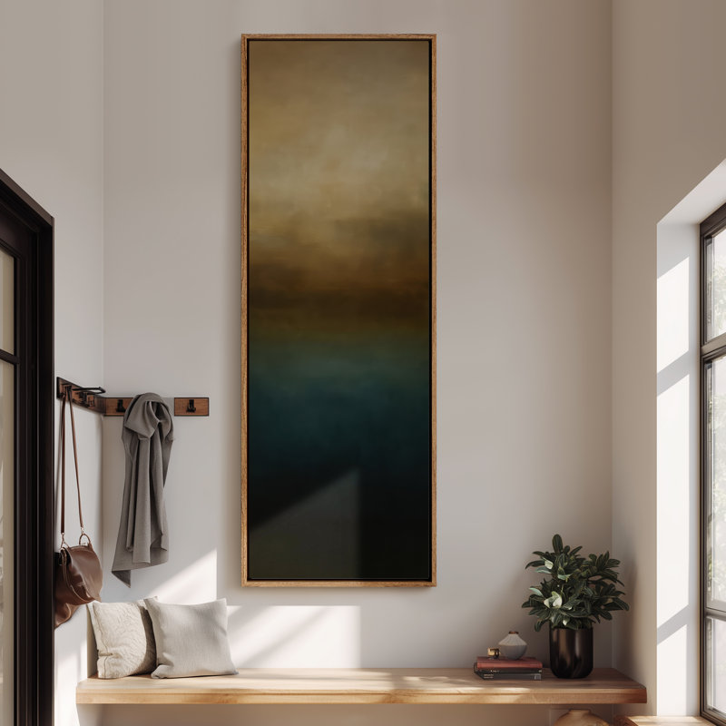Grand art mural encadré sur toile - brume, tons de terre abstraits et sarcelle, horizon brumeux, 60 po x 20 po, Naturel