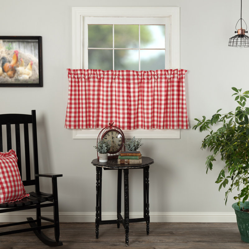 Annie Buffalo Check Plaid Cotton Ruffled Cafe Curtain, 72" W x 24" L, Red