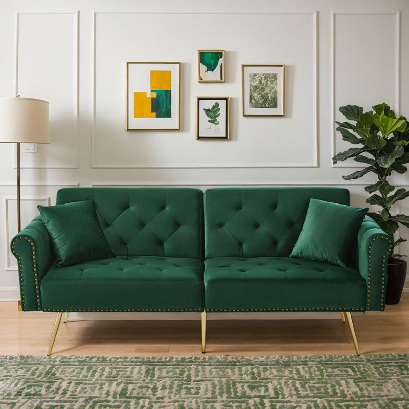 Modern Velvet 2-Seater Convertible Sofa Bed with 3-Stage Adjustable Backrest, Gold Metal Legs, Space-Saving Sleeper Loveseat for Small Apartments, Living Room, Guest Room