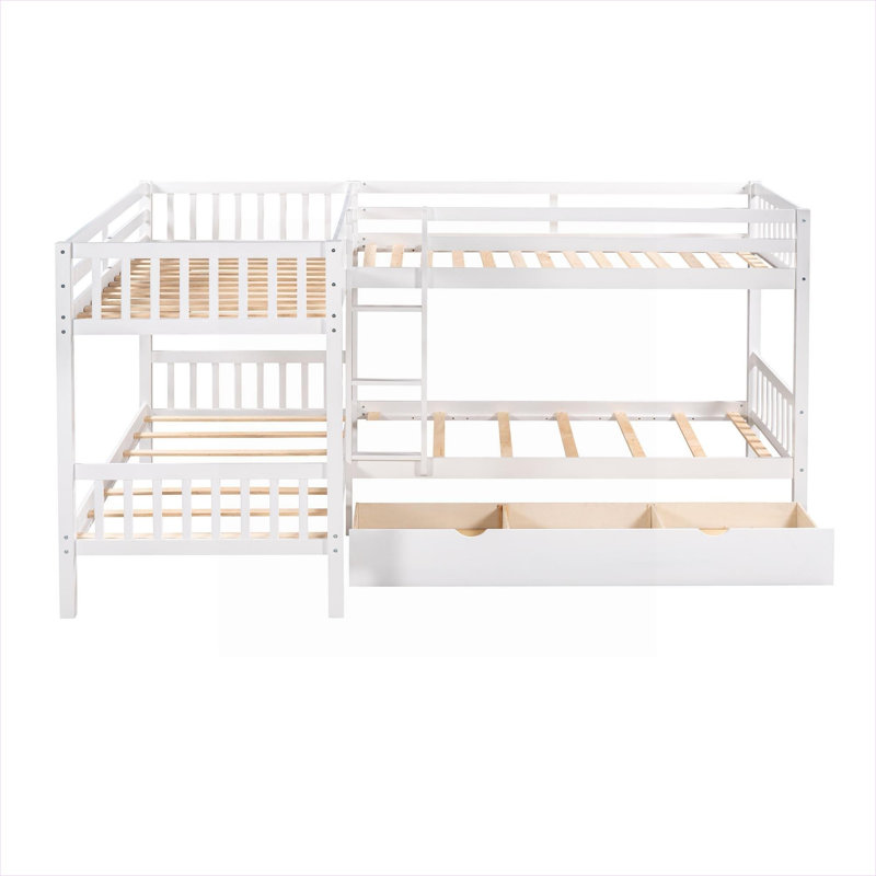 Lit superposé simple en forme de L pour quatre personnes, fabrication en bois massif, blanc pur avec tiroirs de rangement