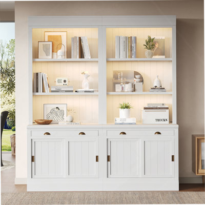 83.4"Tall Bookshelf Suite With LED Lighting, Modern Bookcase Suite With Sliding Doors,Drawers And Open Shelves,Storage Bookshelf For Living Room,Home Office,White