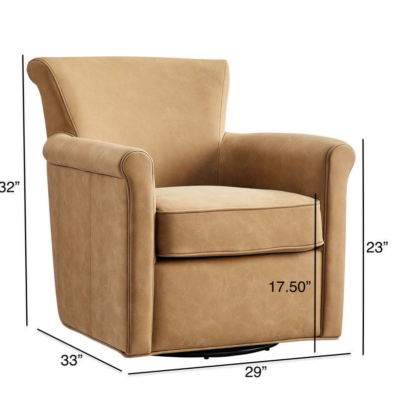 Fauteuil d'appoint en similicuir brun pivotant à 360°, dossier arrondi, surpiqûres décoratives, coutures passepoilées, assise à ressorts, coussin d'assise amovible, patins de sol, aucun assemblage requis.