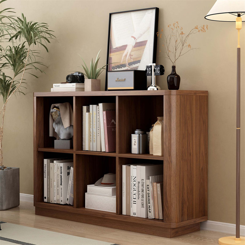 Bibliothèque à 6 compartiments - Bibliothèque horizontale de 40 po de large avec bords arrondis, unité de plancher en bois à 2 niveaux pour chambre à coucher, salon et bureau (style maison de campagne)