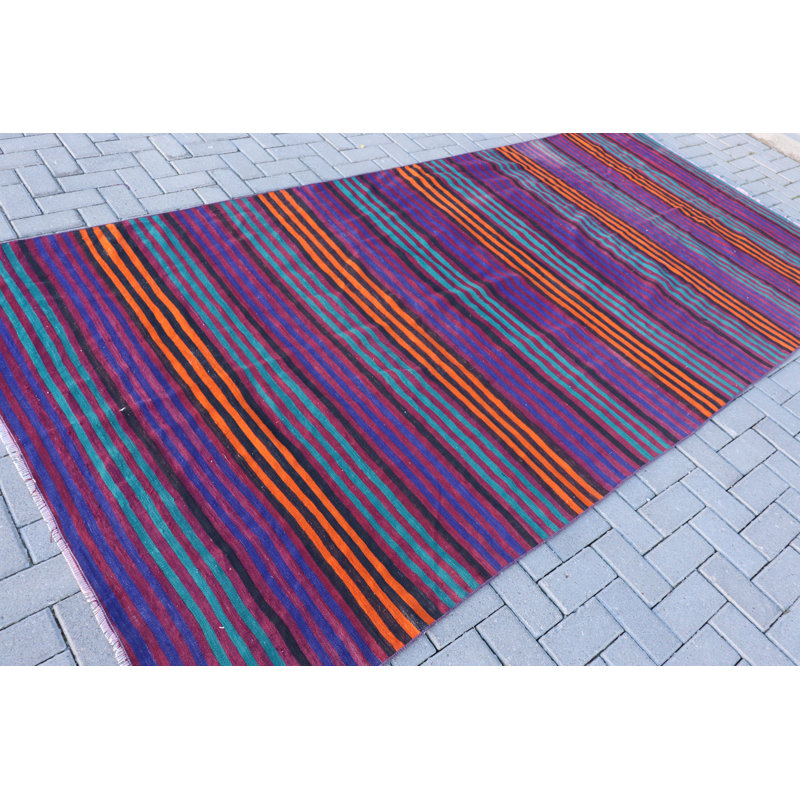 Grand tapis kilim turc rétro bleu pour la décoration extérieure et de salon - 8328
