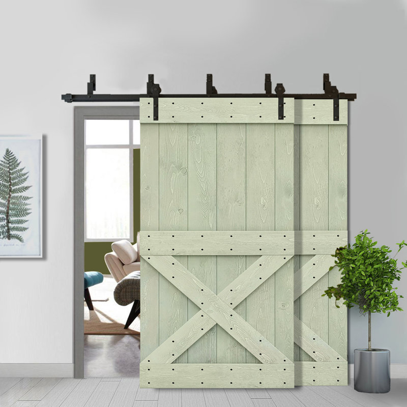 Porte de grange à double bricolage avec panneau coulissant en bois teinté Mini X Series, 40 po x 84 po, Vert sauge