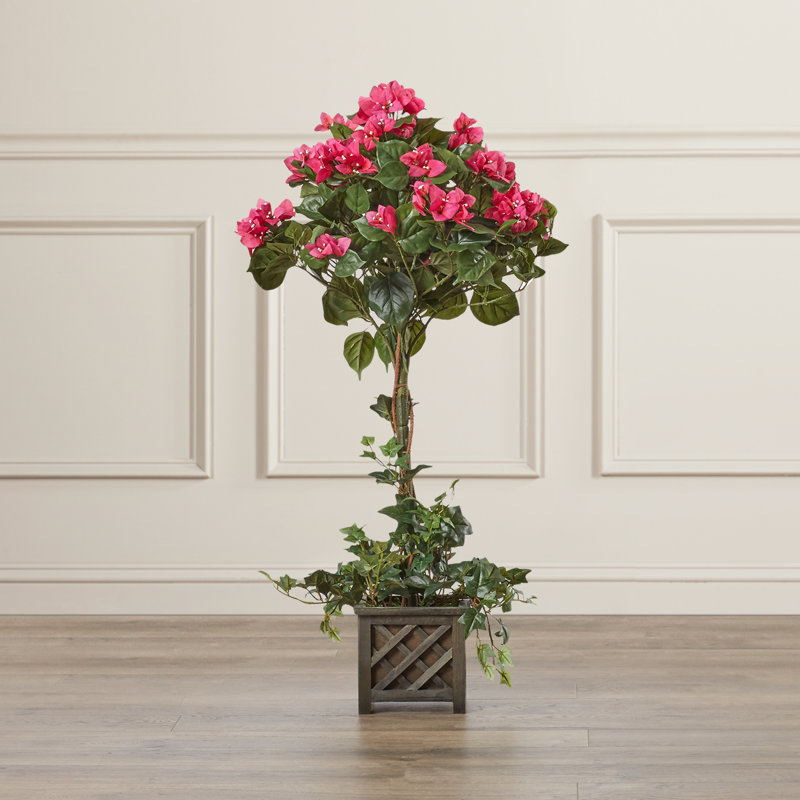 34'' Faux Flowering Topiary in Wood Basket