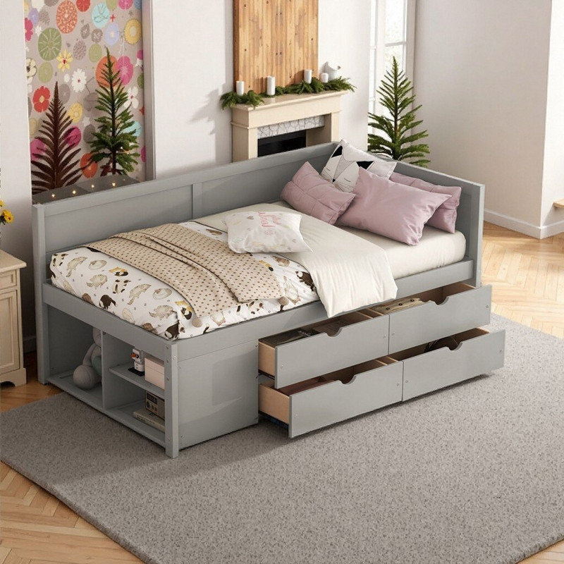 Lit de jour avec rangement en bois massif avec tiroirs et tablettes Dormal, Gris, Lit simple