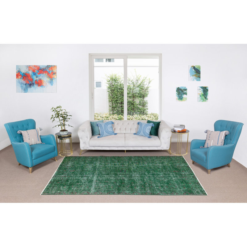 Tapis turc fabriqué à la main de 5,6 x 8 pi surteint en vert, 4 superbes intérieurs modernes