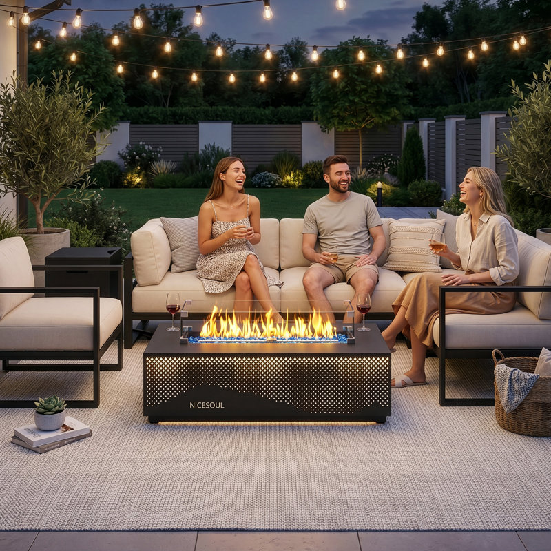 42" Rectangle Iron Propane / Natural Gas Smokeless Outdoor Fire Pit Table with Hidden Fuel Tank, Lid & LED Lights