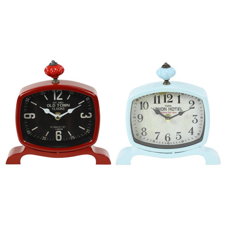 Horloge de table analogique en acier inoxydable, Bleu / Rouge