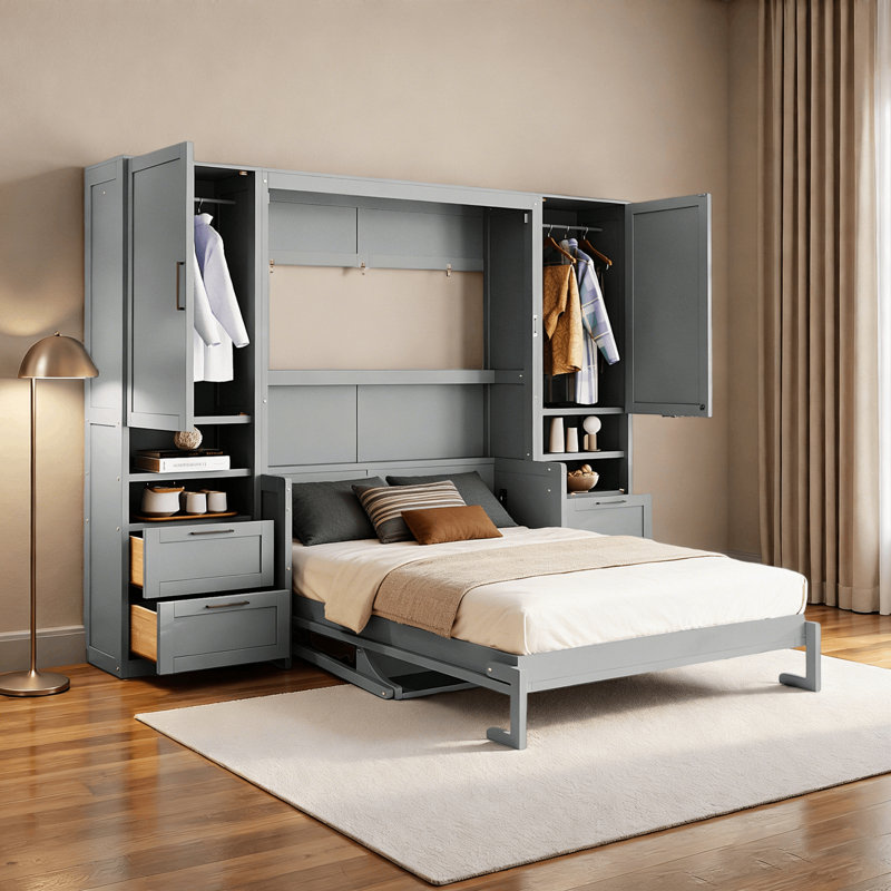 4 Drawers Murphy Bed With Wardrobe And Shelves, Gray