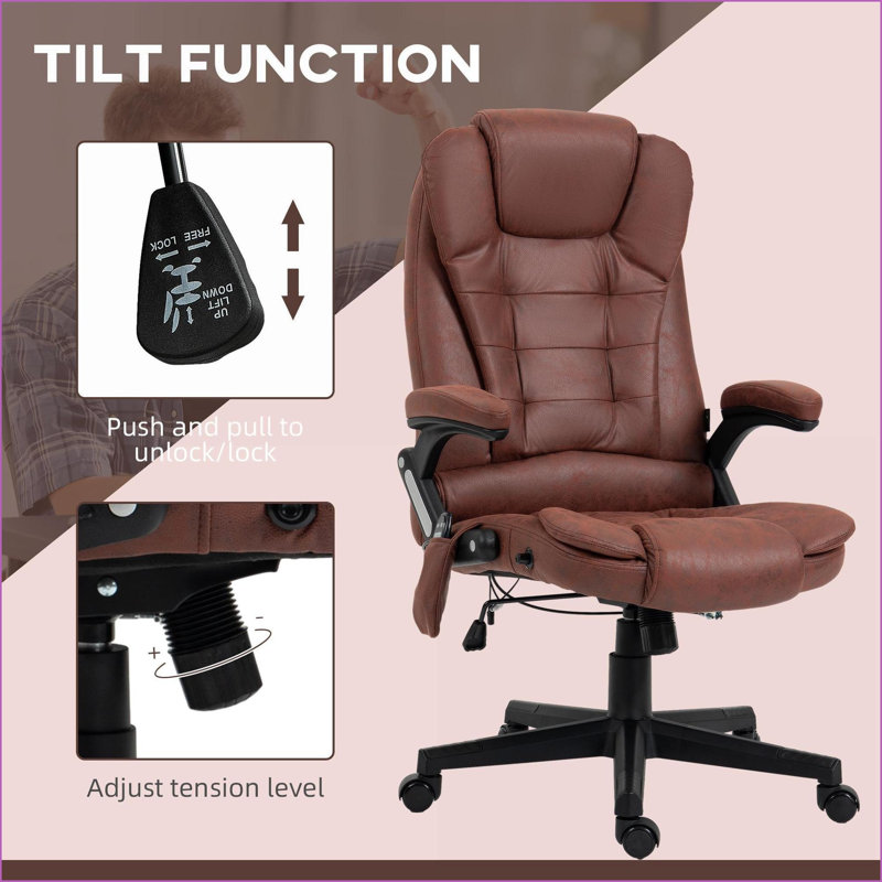 Chaise de bureau de massage avec vibration à 6 points, chaleur et Dossier inclinable - Fauteuil de direction à haut dossier avec accoudoirs rembourrés, télécommande | Rouge cramoisi | Microfibre