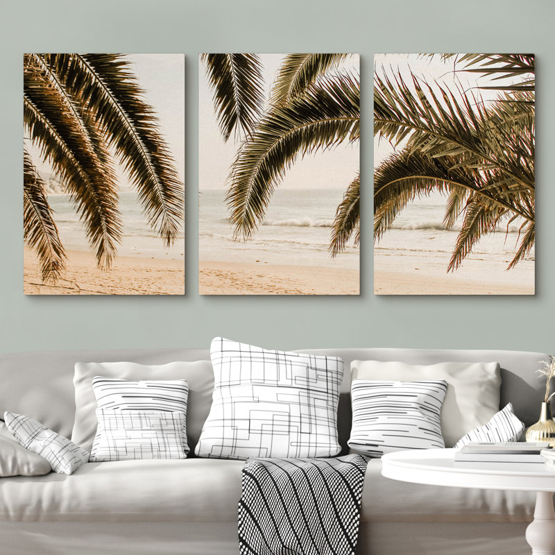 Palmier tropical, art mural sur toile 3 pièces, palmiers sur la plage, paradis, H 36 po x l 72 po x P 1,5 po