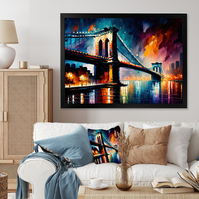 «Colorful Brooklyn Bridge - City», reproduction sur toile encadrée, H 12 po x l 20 po x P 1 po, Cadre noir