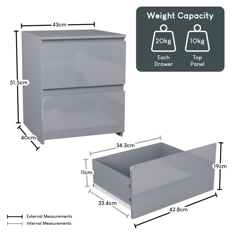 Taniesha 4 Piece Bedroom Set (2 Drawer Bedside Chest X2, 3 Drawer Chest, 2 Door 2 Drawer Wardrobe), (100% FSC), Grey