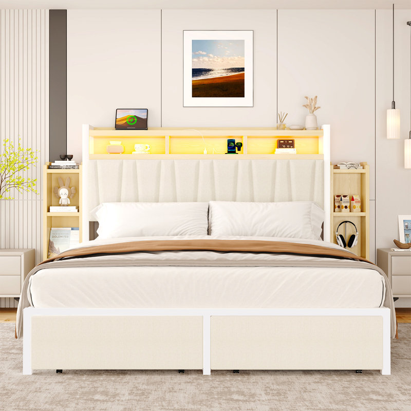 Structure de lit tapissier très grand avec 2 tiroirs de rangement et 2 tablettes de chevet, lit plateforme moderne avec station de charge et lumière DEL, beige