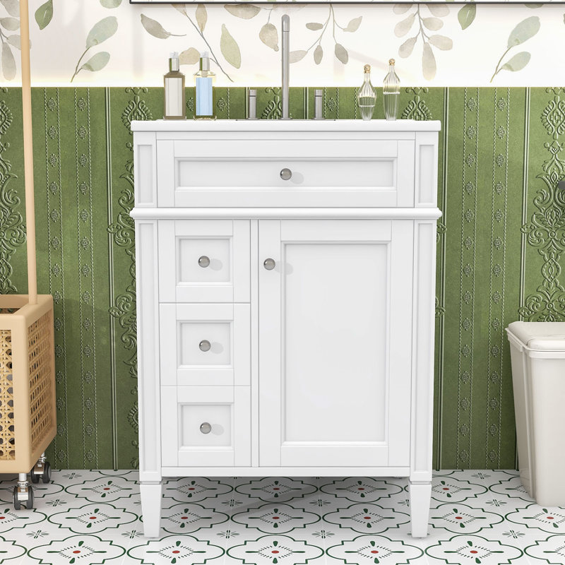 Meuble-lavabo compact 24 po avec lavabo en céramique, 3 tiroirs, organisateur de porte et tablette réglable, Blanc