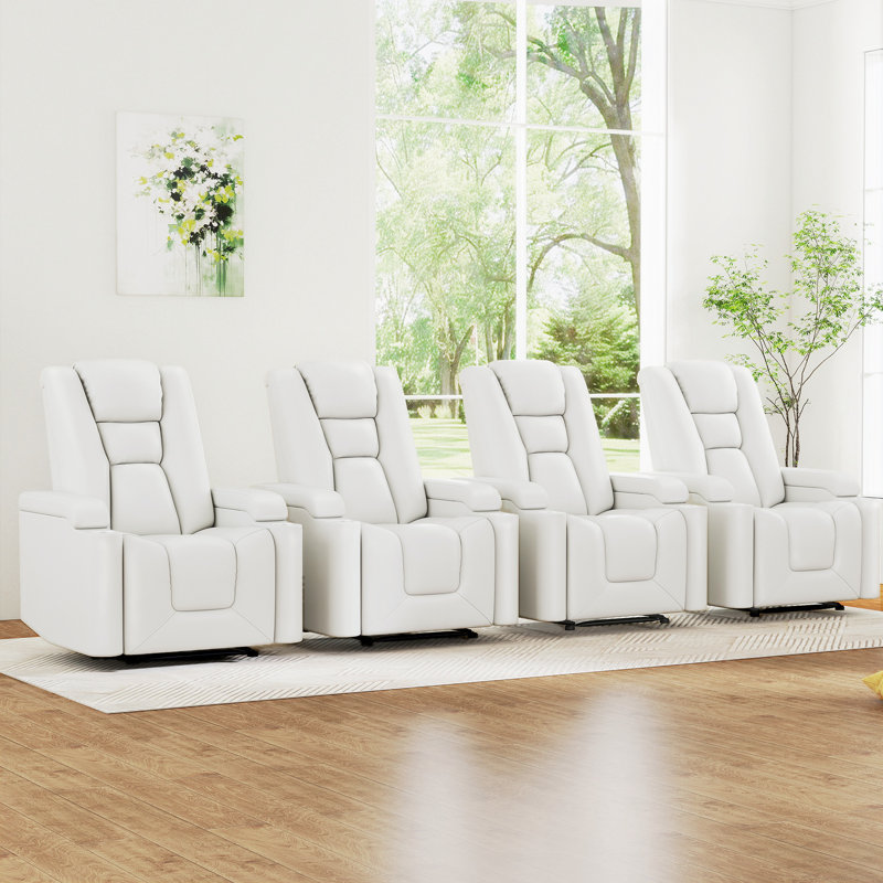 Faux Leather Power Home Theater Recliner, White Vegan Leather