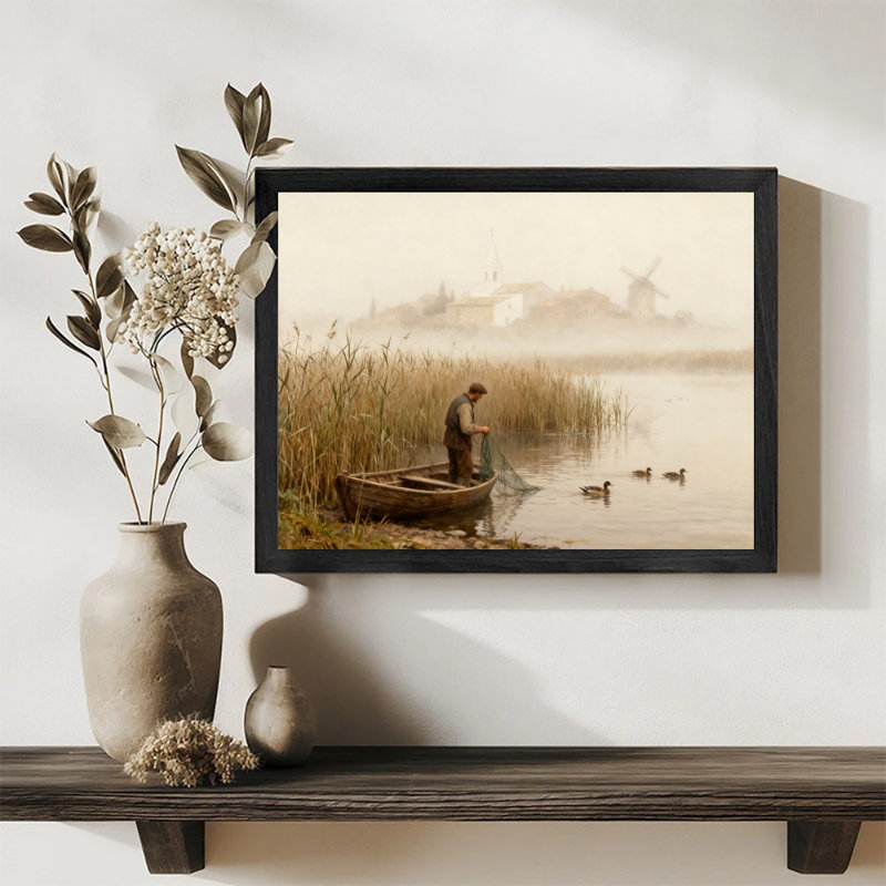 Reproduction d'art encadrée noire rétro «The man by the reed river», H 25 po x l 37 po