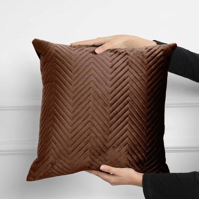 Luxury Velvet Cushion Covers Set of 2 - Embossed Quilted Chevron Cushion Cases for Sofa & Bed Décor , Coffee