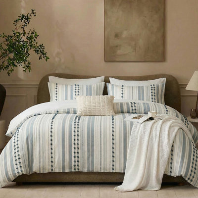 Housse de couette 100% coton pour grand lit - Ensemble de literie rayé jaune et gris avec accents brodés, housse d'édredon bohème moderne ultra douce et respirante, 3 pièces, style maison de campagne naturelle
