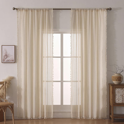 Boho Crochet Curtains For Living Room Lace Curtains, Rod Pocket Vintage Tassel Bohemian Decor Geometry Striped Light Filtering Semi Sheer Curtain Drapes ,Beige