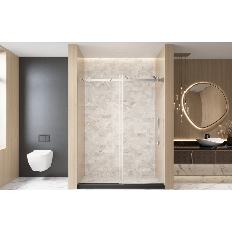 56 - 60 "w X 76" H Single Sliding Shower Door For Bathroom, Featuring 1/4" (6 Mm) Clear Tempered Glass, Proof Film, Stainless Steel Square Tube Track And Handle In Brushed Nickel, American Design,